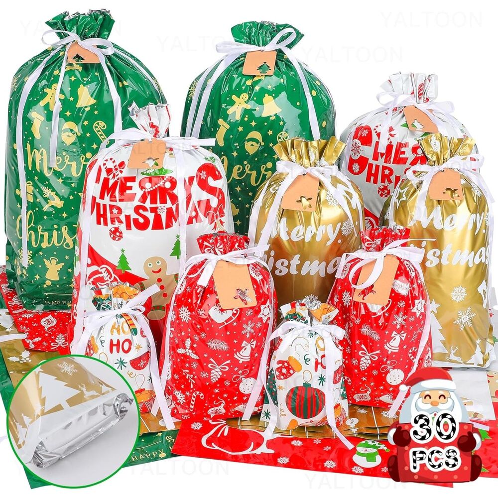 Christmas Gift Bags, 30 Pack Drawstring Christmas Bags for Gifts Assorted Sizes